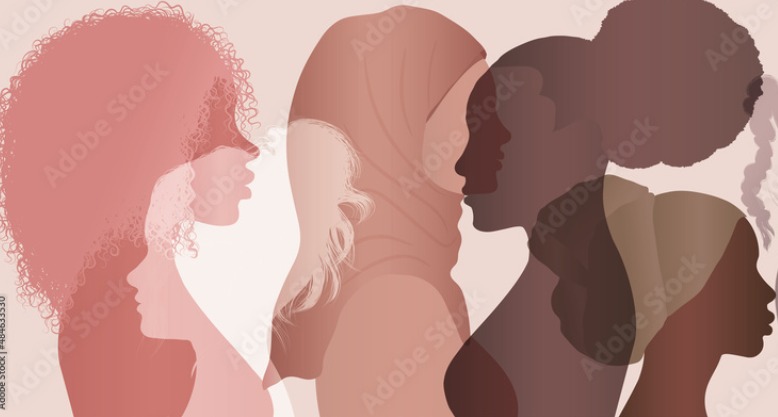 Communication group of multicultural diversity women and girls - face silhouette profile. Female social network community of diverse culture