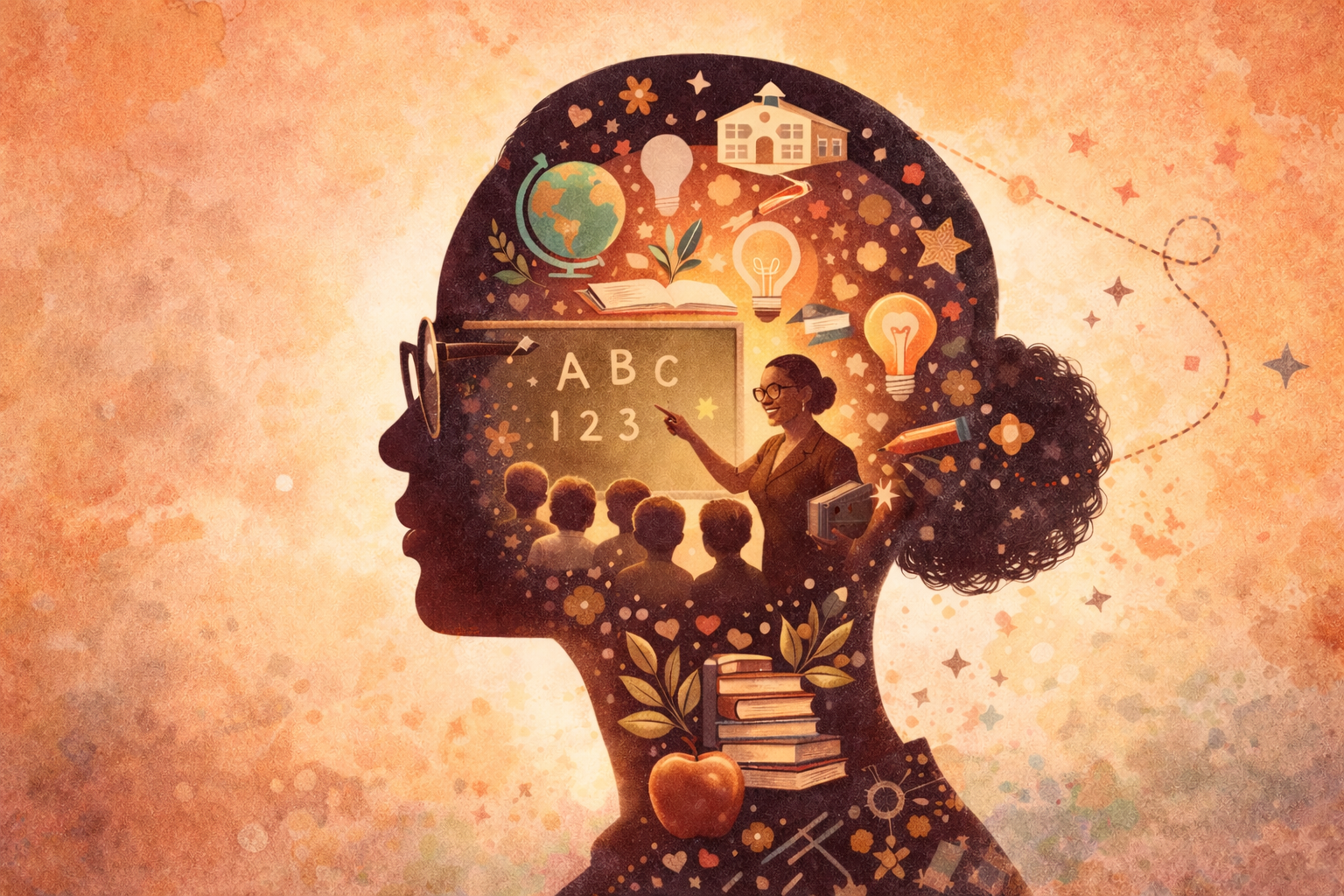 Imagem gerada com ChatGPT - Silhueta de cabeça de professora com pequenos objetos e cenas representando memórias