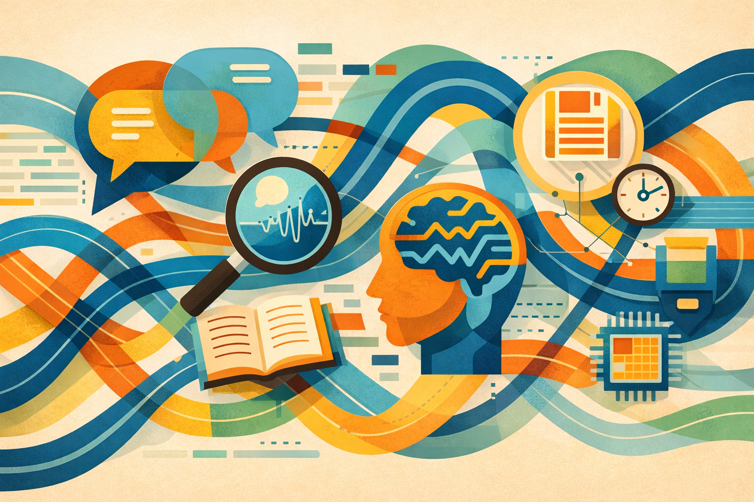 Imagem produzida com ChatGPT 5.2: Imagem horizontal com linhas curvas e figuras geométricas entrelaçadas. Elementos abstratos como balões de fala, uma lupa, um livro aberto e o perfil de uma cabeça com formas internas sugerem linguagem, análise e memória. A composição transmite a ideia de interpretação dos discursos e construção de sentidos ao longo do tempo.