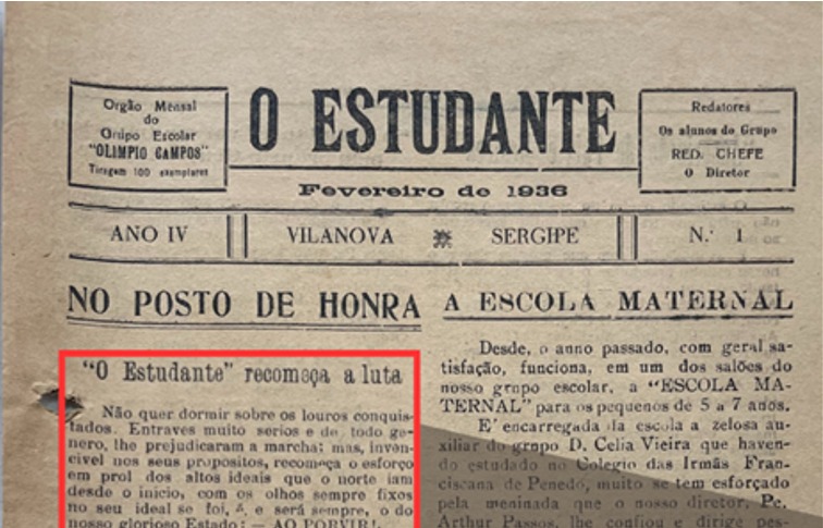 Print da Folha de abertura do Jornal o Estudante. 