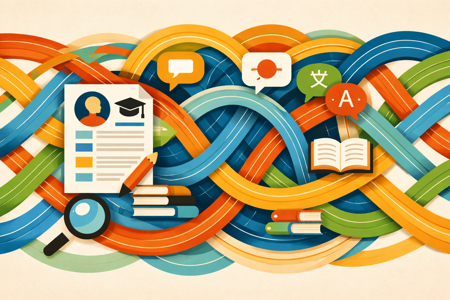 Imagem produzida em ChatGPT 5.2 - Imagem horizontal com linhas curvas e coloridas que se entrelaçam, formando um padrão contínuo e fluido. Entre as linhas aparecem ícones geométricos de currículo, livros, lápis e balões de fala. A composição abstrata sugere conexão, diálogo e integração de saberes no processo educativo.