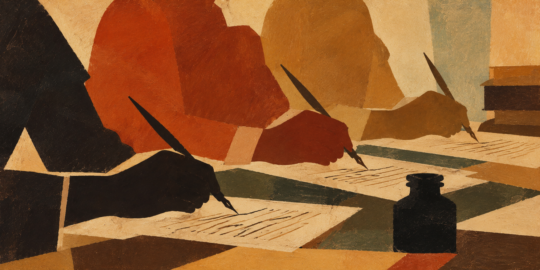 Ilustração em tons terrosos com silhuetas de pessoas escrevendo e assinando documentos com canetas de pena, sobre uma mesa com papéis, livros e tinteiro. A composição remete às práticas de escrita e produção documental do início do século XX.